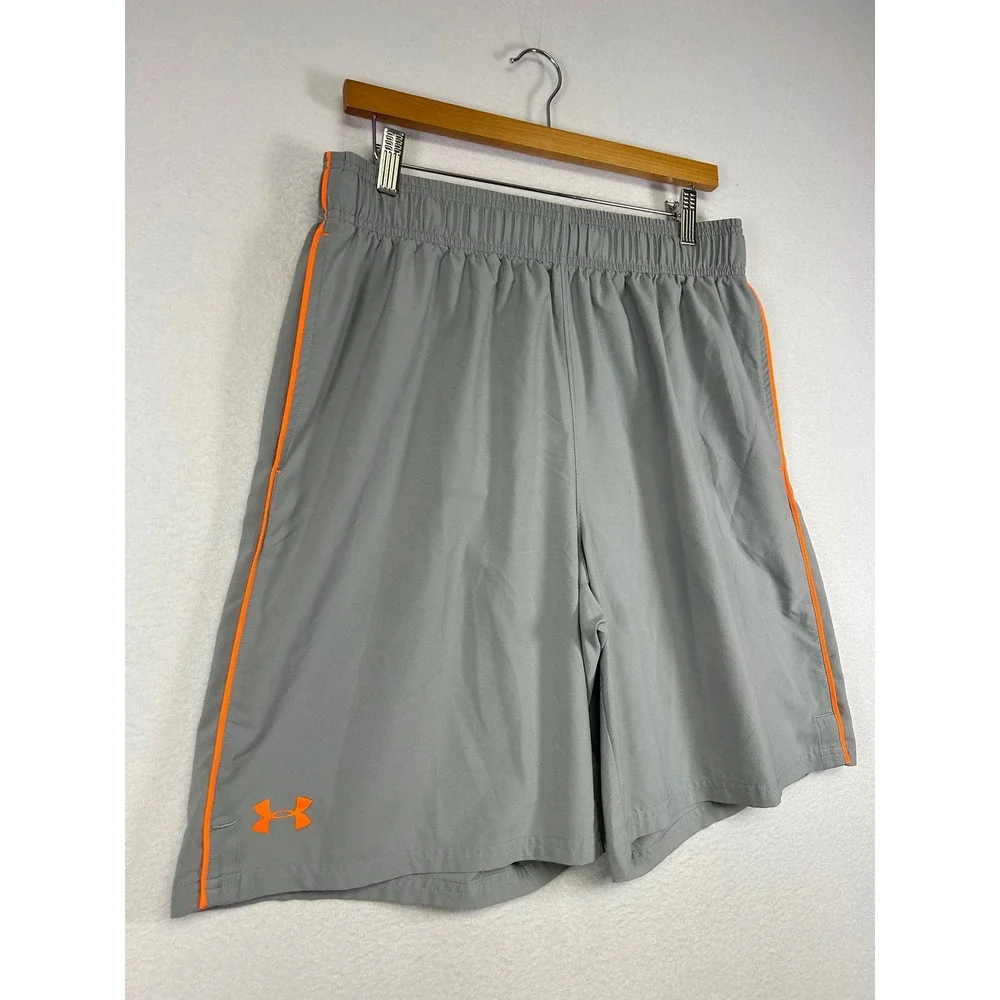 Athletic Under Armour‎ Mens Large Gray Orange Loose Fit Gym Training Shorts